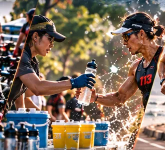 Tình nguyện viên trao nước cho vận động viên